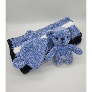 Handmade Crochet Baby Blanket Set with Teddy Bear and Hat, Soft‎ Plush Baby Gift